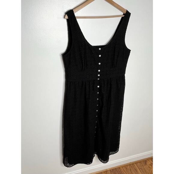J. Crew Button Front Eyelet Midi Dress Womens 16 Black Cotton Summer Smocked - Picture 4 of 8